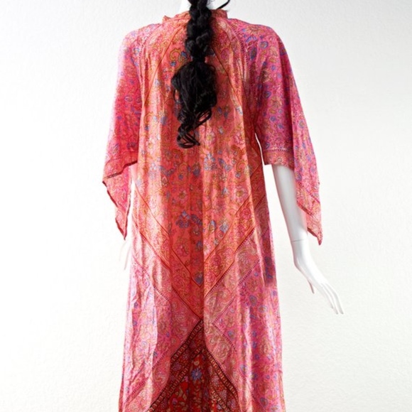 1970's India Hand Blocked Long Caftan Maxi Dress - Picture 5 of 5